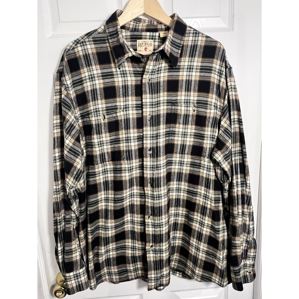 RedHead Brand Men's 2XL Flannel Shirt Black Tan Plaid Cotton Bass Pro Shops Long